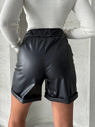 Beli lastikli duble paça deri şort siyah w24755