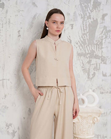 Broşlu yelek pantolon takım bej s255821