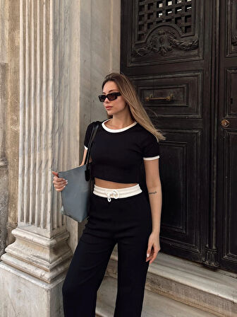Crop pantolon biyeli takım siyah
