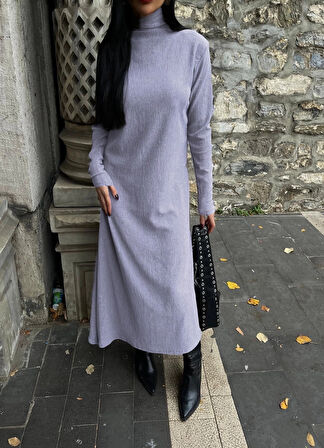 Boğazlı kalın bürümcük uzun elbise gri