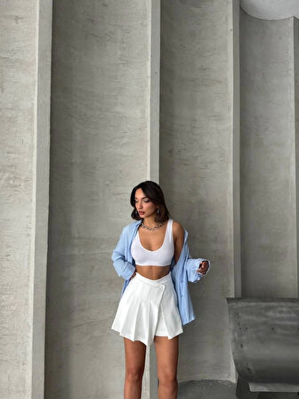 Piliseli düğmeli şort etek beyaz s25813