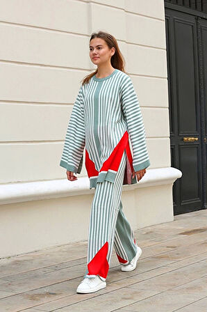 Çizgili bisiklet yaka triko takım Mint