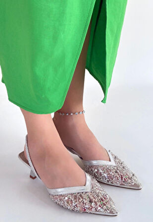 Toyi Gümüş Saten Topuklu Ayakkabı
