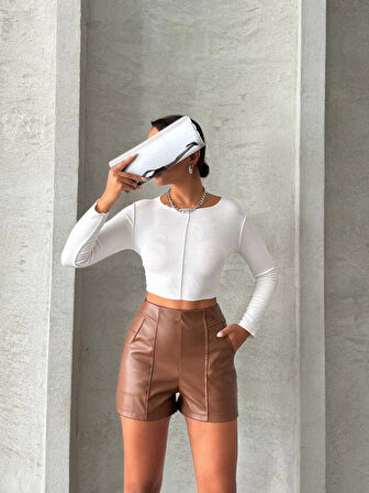 Parçalı cepli deri şort taba w26312