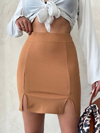 Çift yırtmaçlı etek camel s25910