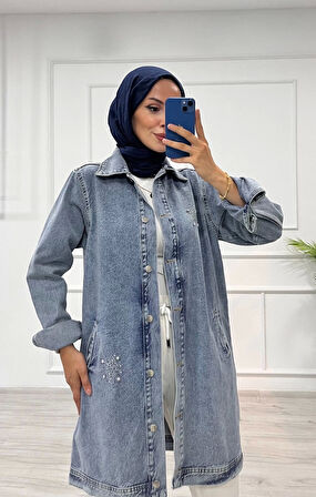Taşlı tunik ceket kar yıkamalı mavi d2516