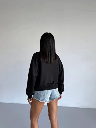 2 iplik bisiklet yaka sweat siyah f2339