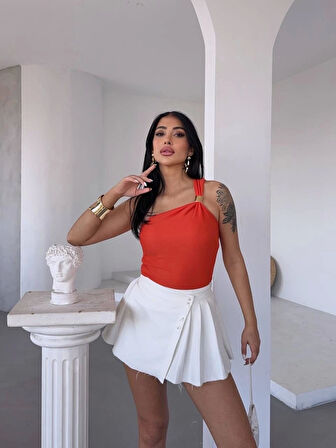 Tek omuzlu Otoman kumaş gold metal detaylı bluz s2311