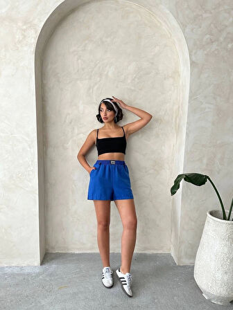 Armalı keten şort saks mavisi s251003