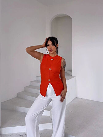 Kadın turuncu bisiklet yaka gold düğmeli ottoman bluz s2310