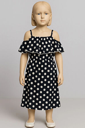 Puantiyeli askılı prenses elbise kız çocuk lacivert