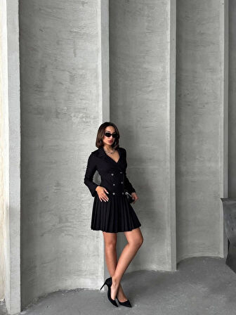 Altı piliseli uzun kollu ceket elbise siyah s255016