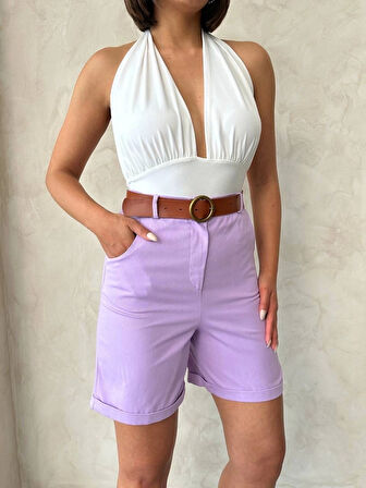 Kemerli gabardin şort lila s25735