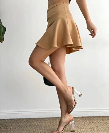 Kemerden büzgülü etek camel