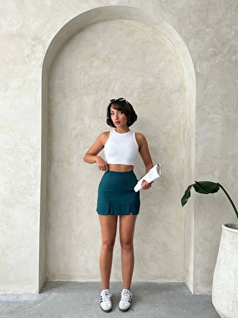 Çift yırtmaçlı atlas şort etek petrol yeşili s240364