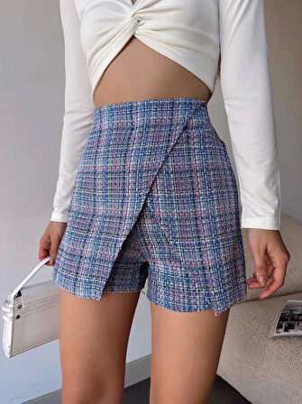 Kapaklı tüvit şort etek mavi