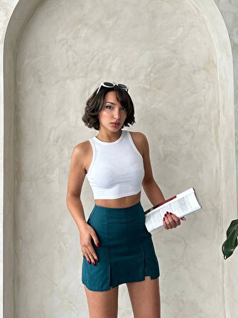 Çift yırtmaçlı atlas şort etek petrol yeşili s240364