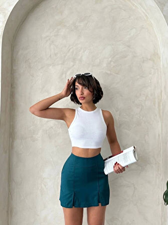 Çift yırtmaçlı atlas şort etek petrol yeşili s240364