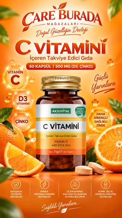 C Vitamini Kapsül 500 mg 60 Kapsül (Çinko, D3) + Mandalina Yağı 20 Ml Soğuk Sıkım (Haricen)