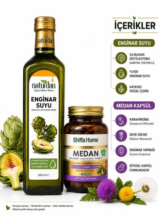 Naturdan Enginar Suyu 1L - Aromatik Su 1000 ml & ShiffaHome Medan 60 Kapsül