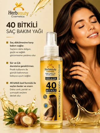Herbeauty 40 Bitkili Saç Bakım Yağı 150 ml Besleyici Durulanmayan Formül