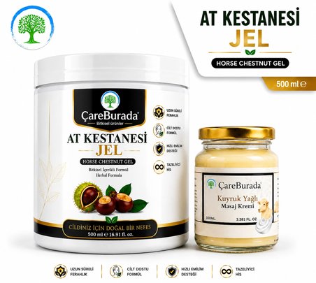ÇareBurada At Kestanesi Jel 500 ml. & ÇareBurada Kuyruk Yağlı Masaj Kremi 100 ml. | Ferahlatıcı Jel, Besleyici Masaj Kremi