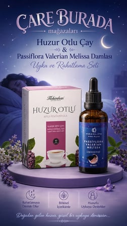 Huzurlu Uyku & Rahatlama Seti (Huzur Otlu Çay 45'li & Passiflora, Valerian, Melissa Damla 50 Ml)