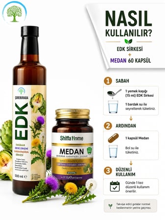 ÇareBurada EDK Sirke 500 ml & ShiffaHome Medan 60 Kapsül, Enginar, Devedikeni, Karahindiba
