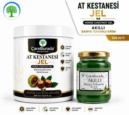 ÇareBurada At Kestanesi Jel 500 ml. & ÇareBurada Bamya Tohumlu Masaj Kremi 100 ml. | Ferahlatıcı Jel, Besleyici Masaj Kremi