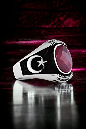 Erkek Gümüş Yüzük - Ay Yıldız Temalı Faset Kesim Zirkon Taşlı Gümüş Yüzük