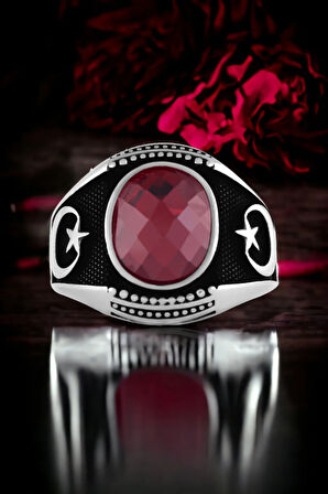 Erkek Gümüş Yüzük - Ay Yıldız Temalı Faset Kesim Zirkon Taşlı Gümüş Yüzük