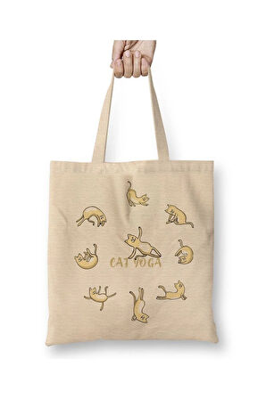 Cat Yoga Köpek Beyaz Bez Çanta Uzun Saplı Alışveriş Çantası Plaj Çantası