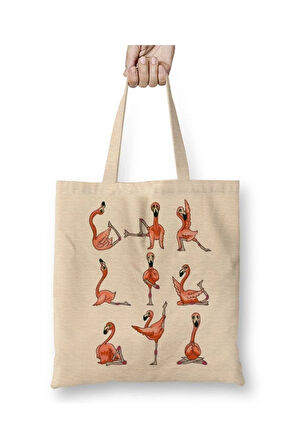 Flamingo Yoga Beyaz Bez Çanta Uzun Saplı Alışveriş Çantası Plaj Çantası