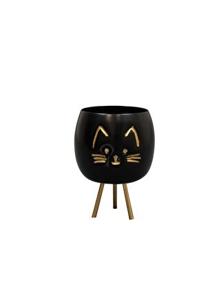 Kedi Desenli Metal Saksı  Siyah Çap 8cm Yükseklik 11cm  