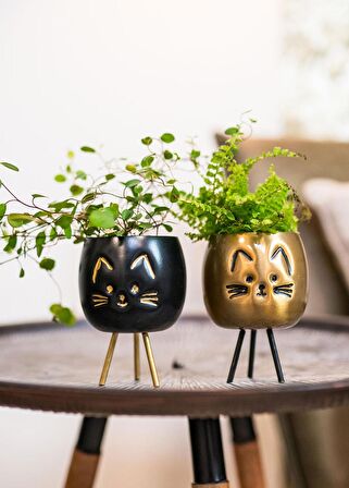 Kedi Desenli Metal Saksı  Siyah Çap 8cm Yükseklik 11cm  