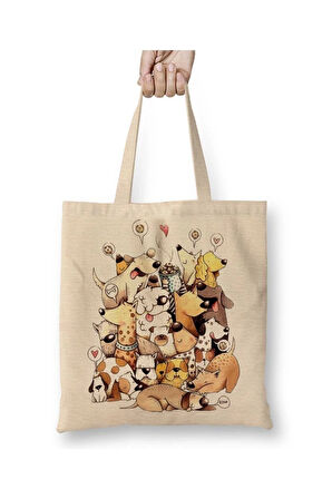 Dogs Pug Köpek Beyaz Bez Çanta Uzun Saplı Alışveriş Çantası