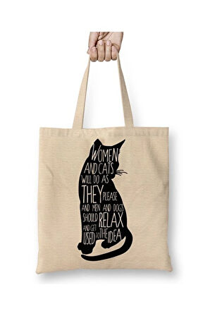 Kedi Cats Womens Beyaz Bez Çanta Uzun Saplı Alışveriş Çantası Plaj Çantası