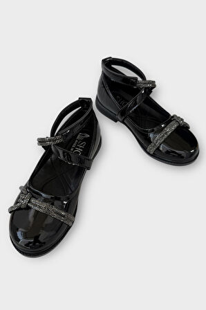 Hafif Taban Cırtlı Taşlı Kız Çocuk Babet Ayakkabı SİYAH