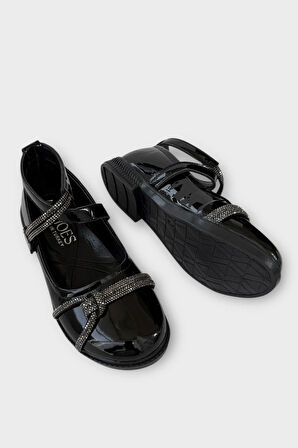 Hafif Taban Cırtlı Taşlı Kız Çocuk Babet Ayakkabı SİYAH