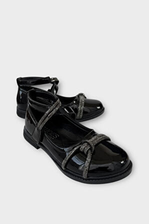 Hafif Taban Cırtlı Taşlı Kız Çocuk Babet Ayakkabı SİYAH