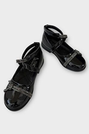 Hafif Taban Cırtlı Taşlı Kız Çocuk Babet Ayakkabı SİYAH