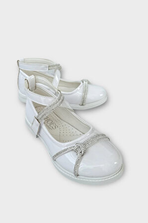 Hafif Taban Cırtlı Taşlı Kız Çocuk Babet Ayakkabı BEYAZ