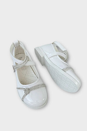 Hafif Taban Cırtlı Taşlı Kız Çocuk Babet Ayakkabı BEYAZ