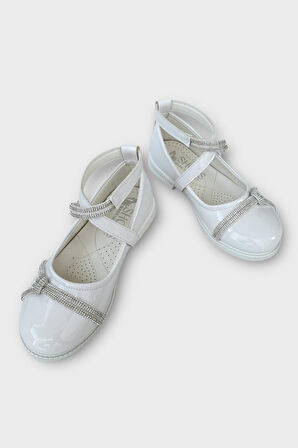 Hafif Taban Cırtlı Taşlı Kız Çocuk Babet Ayakkabı BEYAZ