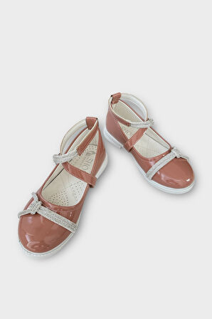 Hafif Taban Cırtlı Taşlı Kız Çocuk Babet Ayakkabı PUDRA