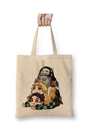 Demon Slayer İblis Keser Beyaz Bez Çanta Uzun Saplı Alışveriş Çantası Plaj Çantası