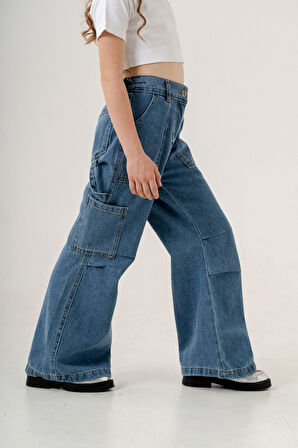 Kız Çocuk Cep Pileli Kot Pantolon 2149