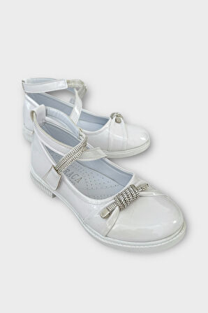 Hafif Taban Cırtlı Taşlı Kız Çocuk Babet Ayakkabı BEYAZ