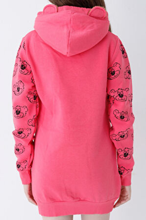 Genç Kız Kırmızı Ayıcıklı Desenli Kapüşonlu Pamuklu Sweatshirt