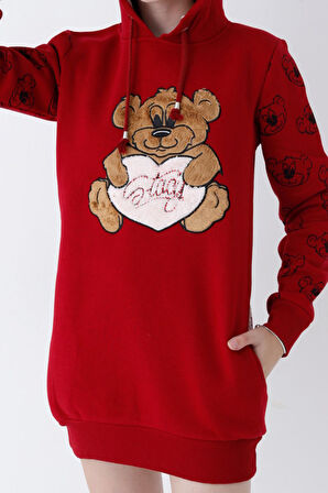 Genç Kız Kırmızı Ayıcıklı Desenli Kapüşonlu Pamuklu Sweatshirt